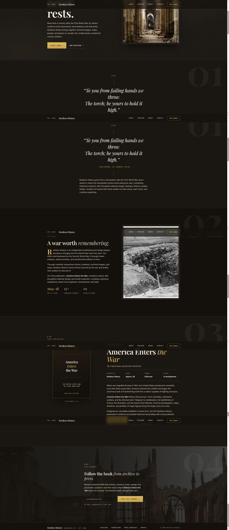 Restless History website full-page design